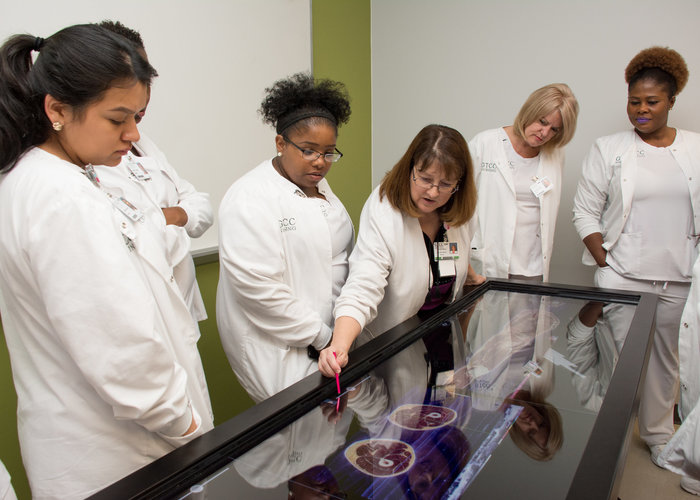 Nursing students stand around an electronic table that features the human skeletal system.